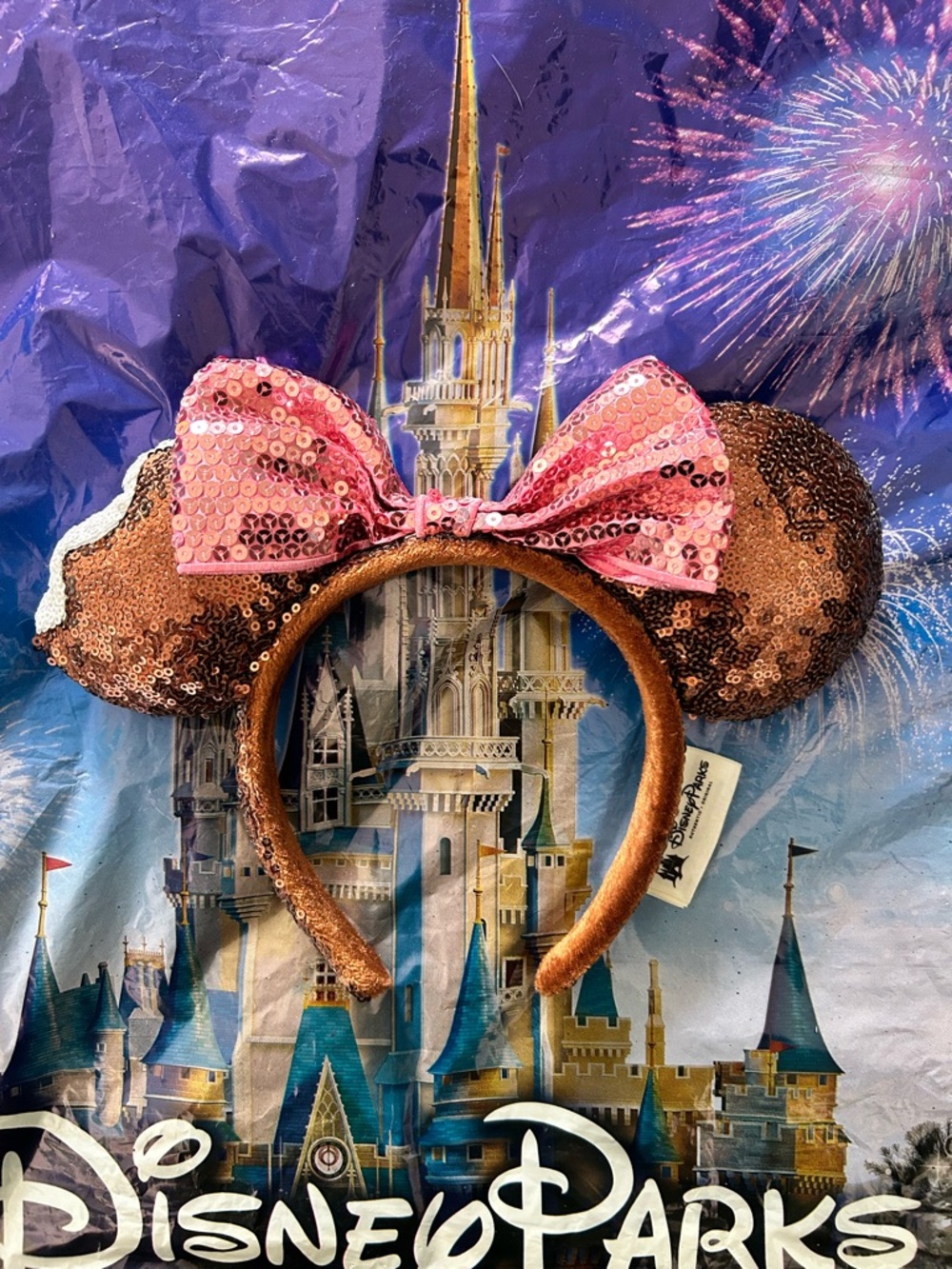 Disney Rose Copper Sequin Minnie Ear Headband with Pink Bow